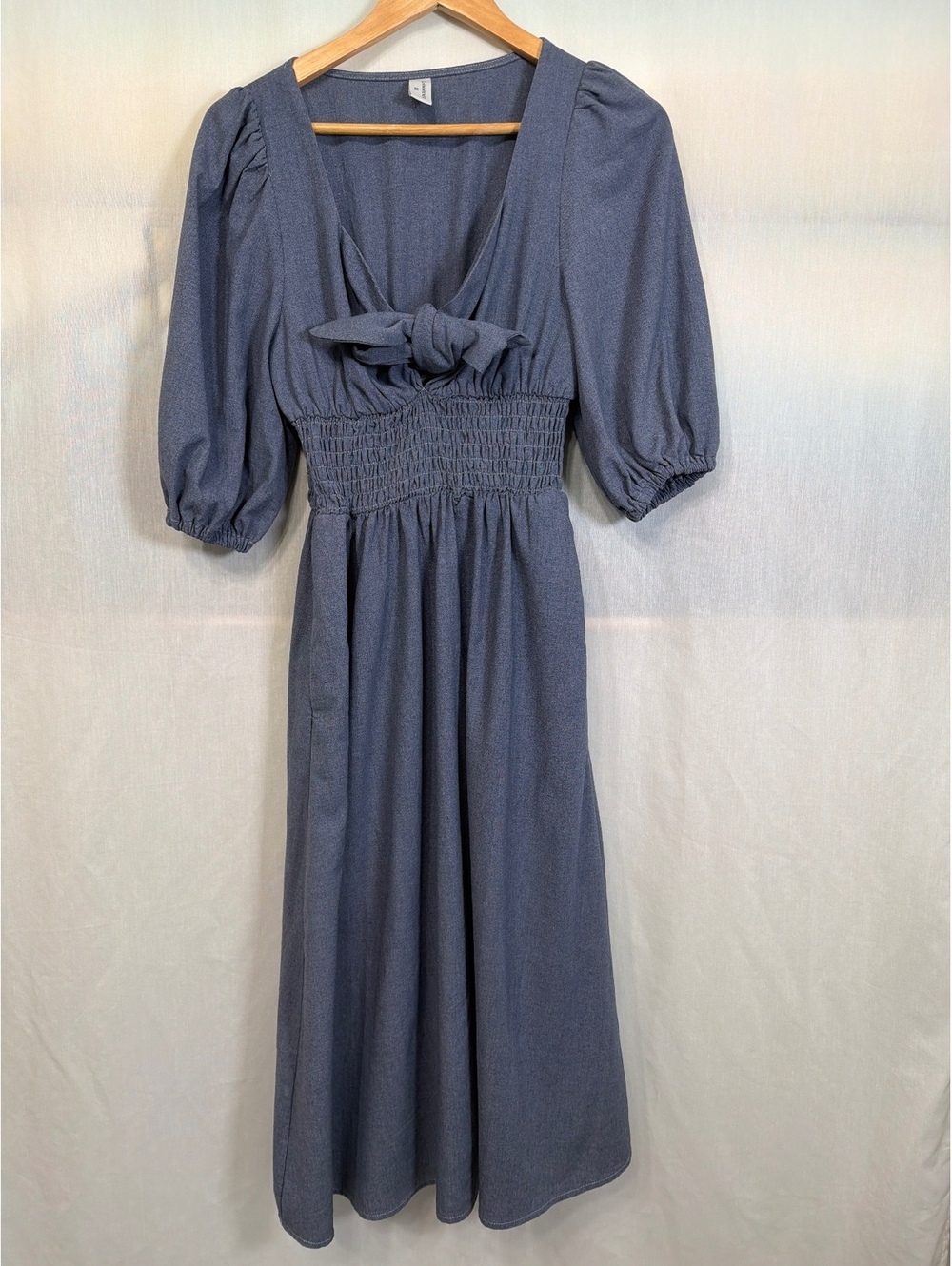 Commense Linen Cotton Tie Front Puff Sleeve Smocked Midi Dress XS
